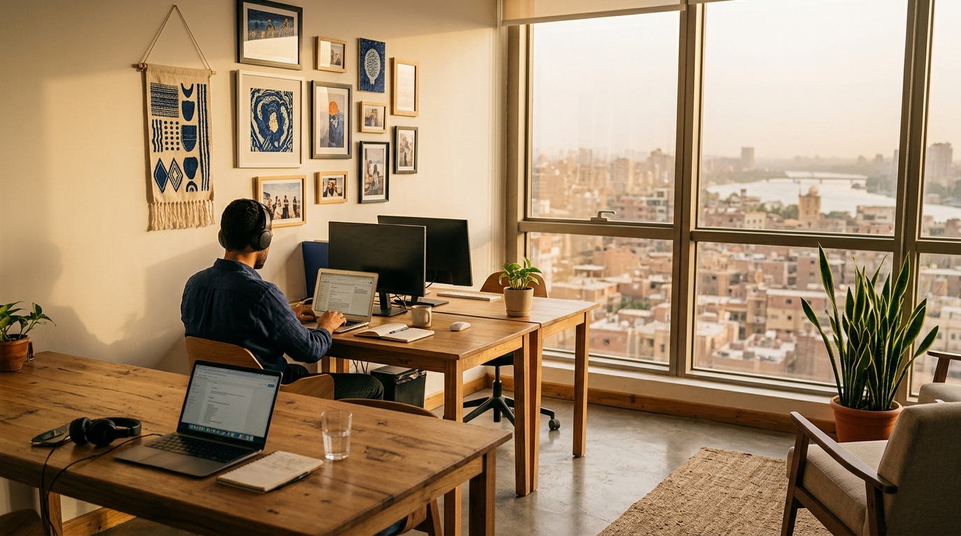 Someone working at a laptop with a headset, in a bright room overlooking the city